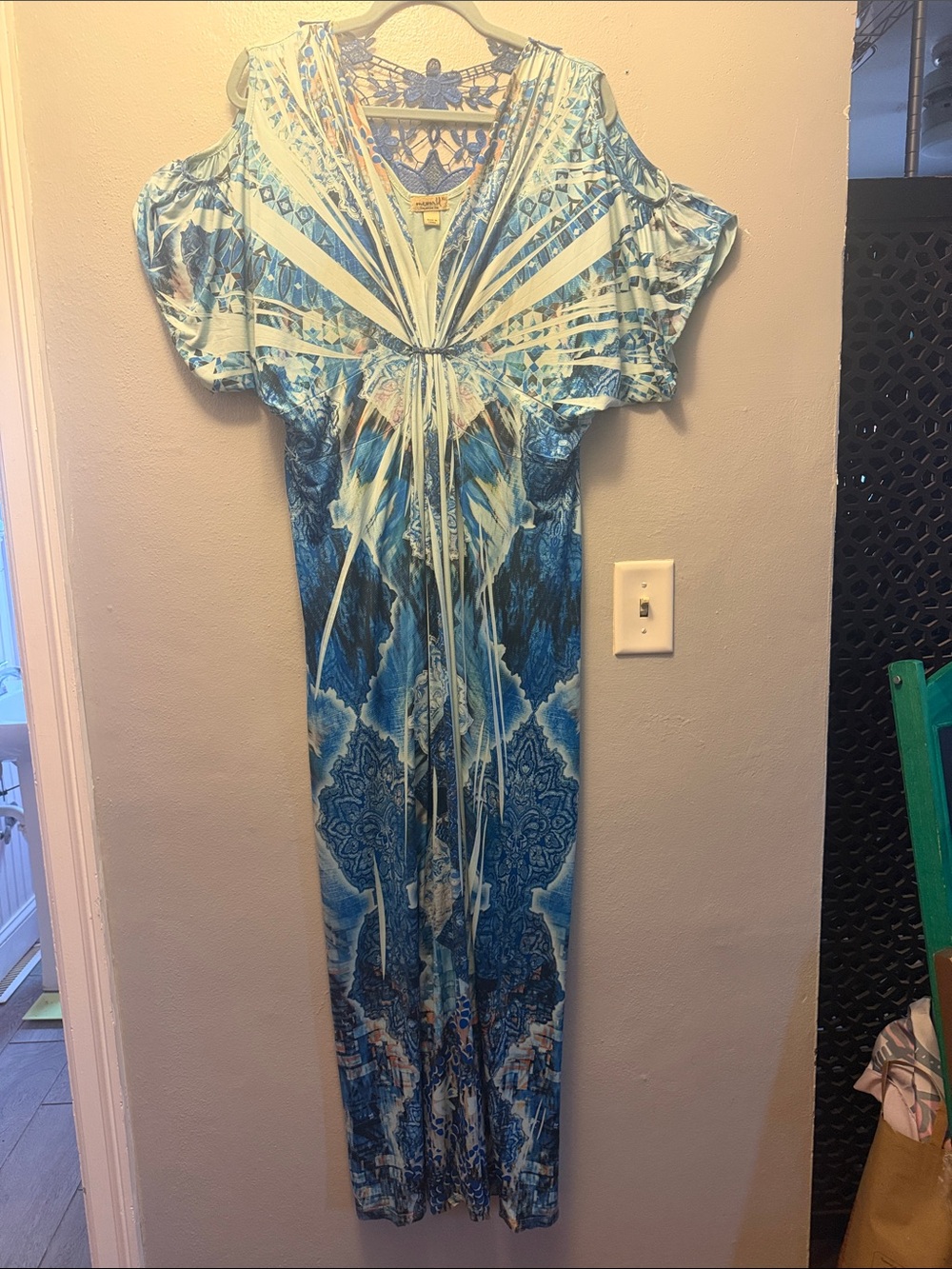 ONE WORLD Blue and White Printed Maxi Dress with Peek-a-boo Shoulder